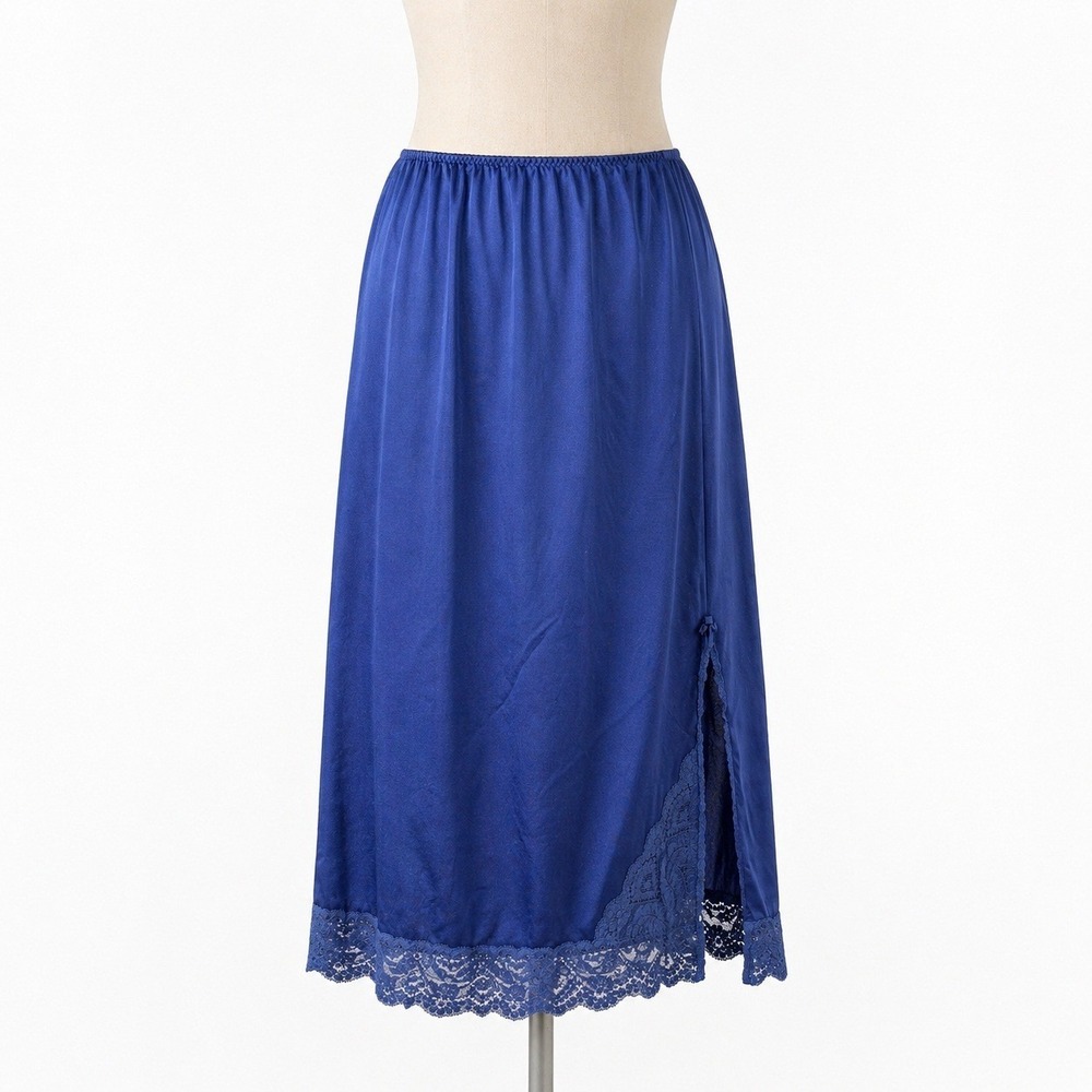 Vintage Vassarette Satin Lace Trim Half Slip 29" Skirt Size M Blue Elastic Waist